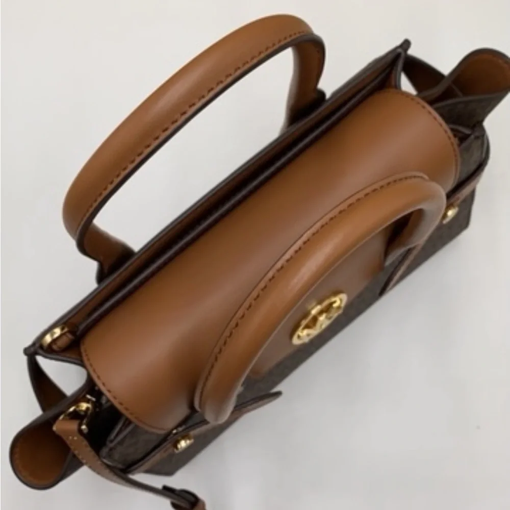 MICHAEL KORS Carmen Medium Faux Leather Belted Satchel Brown Signature color
